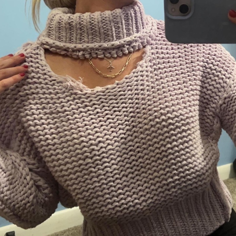 Free people purple knitted sweater with chunky cut out neck!